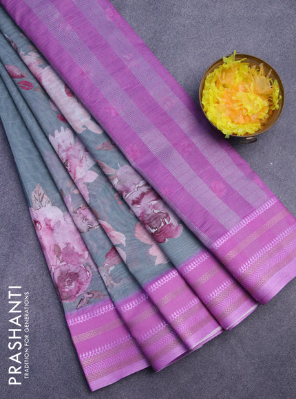 Maheshwari silk cotton saree grey shade and purple with allover floral prints and thread & zari woven border