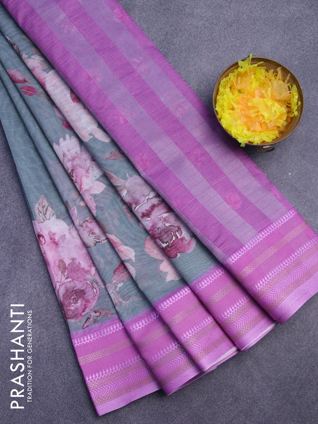 Maheshwari silk cotton saree grey shade and purple with allover floral prints and thread & zari woven border