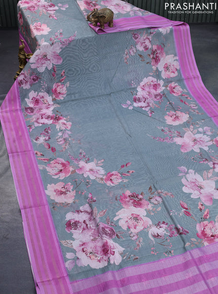 Maheshwari silk cotton saree grey shade and purple with allover floral prints and thread & zari woven border