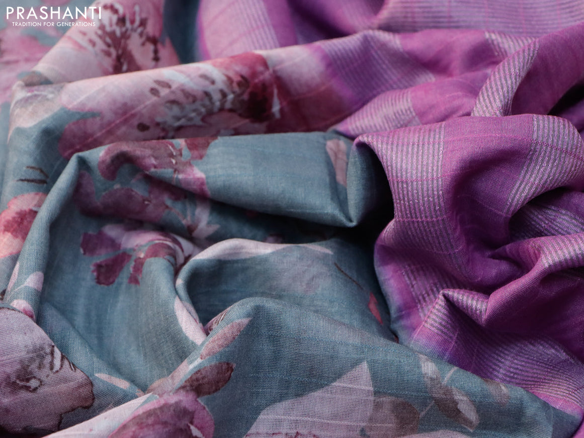 Maheshwari silk cotton saree grey shade and purple with allover floral prints and thread & zari woven border