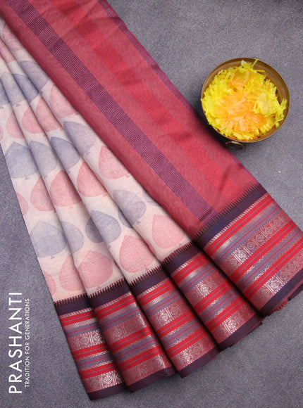 Maheshwari silk cotton saree sandal and maroon with butta prints and thread & zari woven border