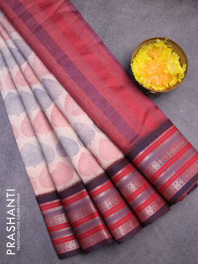 Maheshwari silk cotton saree sandal and maroon with butta prints and thread & zari woven border