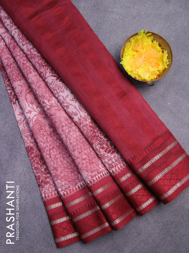 Maheshwari silk cotton saree pastel maroon and maroon with allover prints and thread & zari woven border