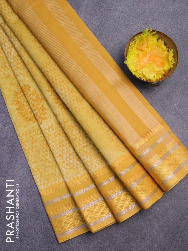 Maheshwari silk cotton saree yellow with allover prints and thread & zari woven border