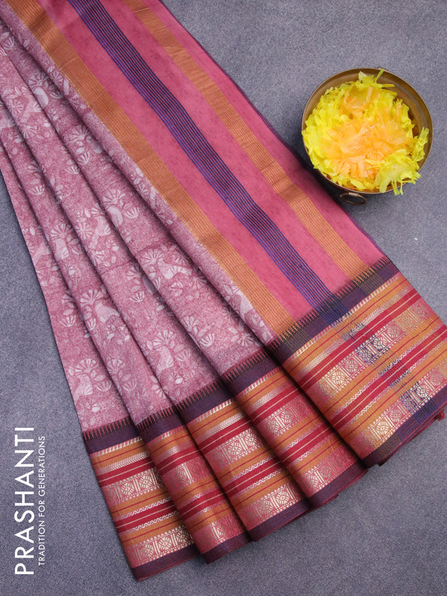 Maheshwari silk cotton saree maroon shade and blue with floral prints and thread & zari woven border