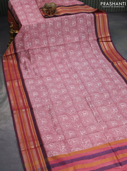 Maheshwari silk cotton saree maroon shade and blue with floral prints and thread & zari woven border