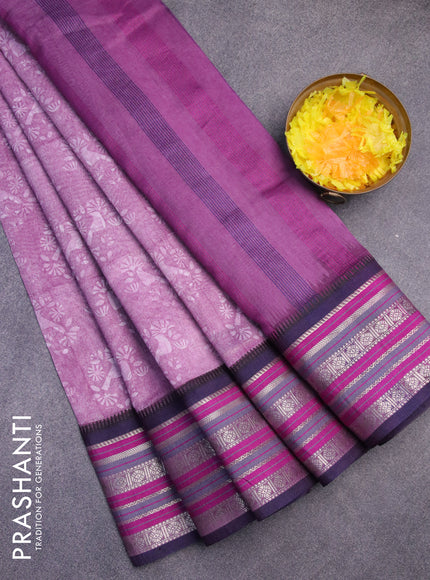 Maheshwari silk cotton saree purple and blue with floral prints and thread & zari woven border