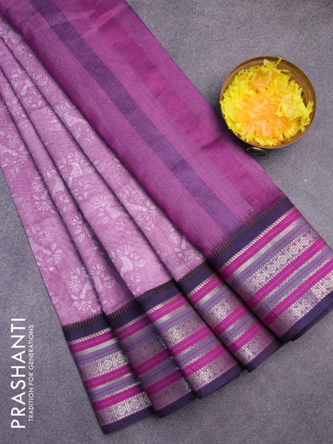 Maheshwari silk cotton saree purple and blue with floral prints and thread & zari woven border