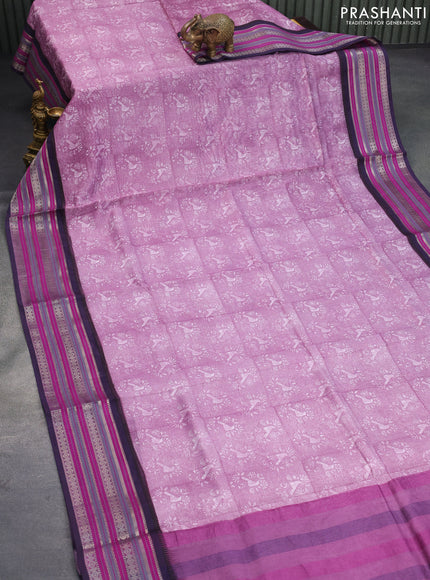 Maheshwari silk cotton saree purple and blue with floral prints and thread & zari woven border