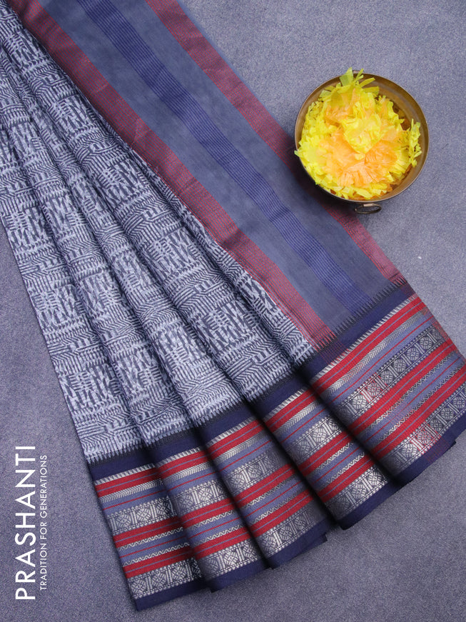 Maheshwari silk cotton saree elephant grey and maroon with allover prints and thread & zari woven border