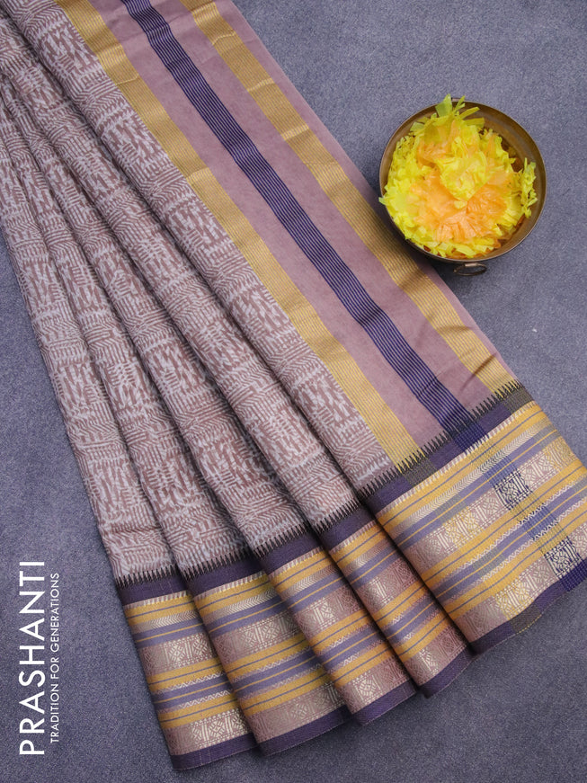 Maheshwari silk cotton saree brown shade and blue with allover prints and thread & zari woven border