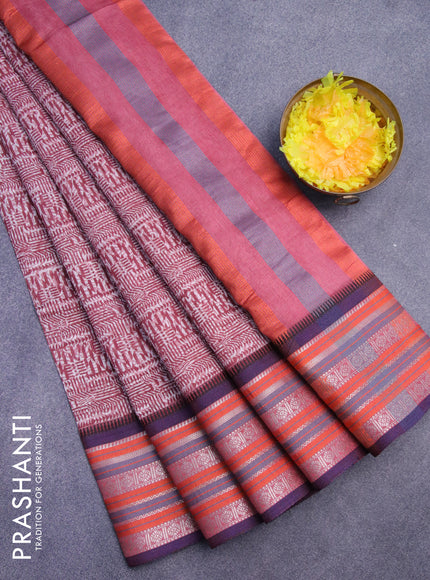 Maheshwari silk cotton saree maroon shade and blue with allover prints and thread & zari woven border