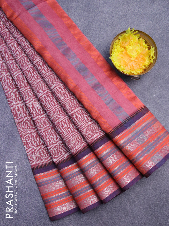 Maheshwari silk cotton saree maroon shade and blue with allover prints and thread & zari woven border