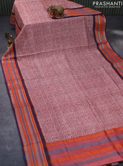 Maheshwari silk cotton saree maroon shade and blue with allover prints and thread & zari woven border