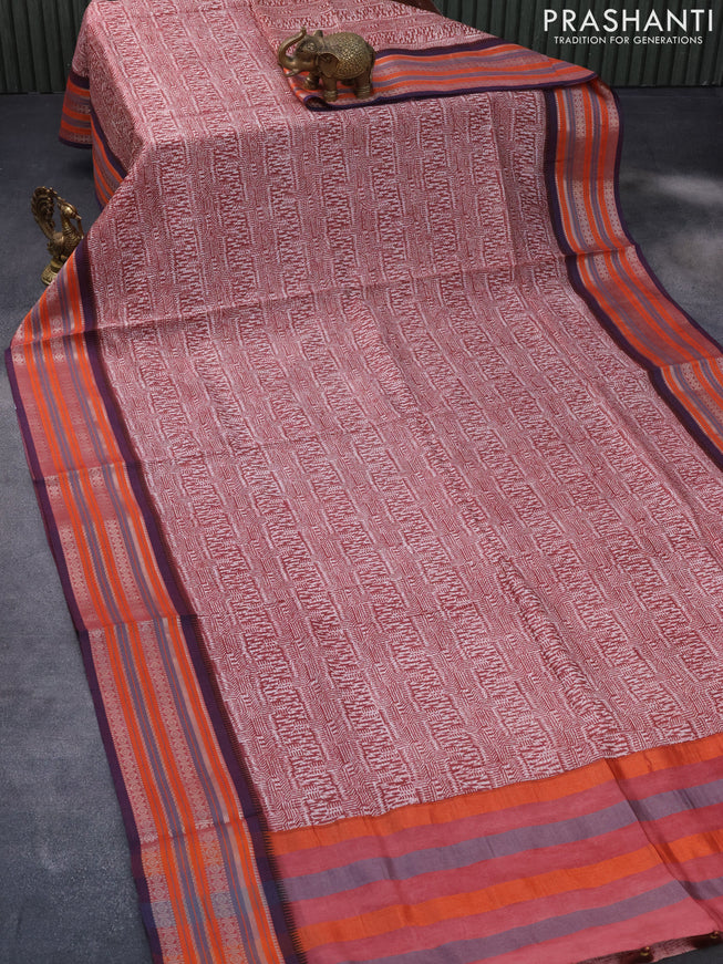 Maheshwari silk cotton saree maroon shade and blue with allover prints and thread & zari woven border