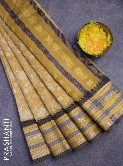 Maheshwari silk cotton saree yellow and blue with allover prints and thread & zari woven border