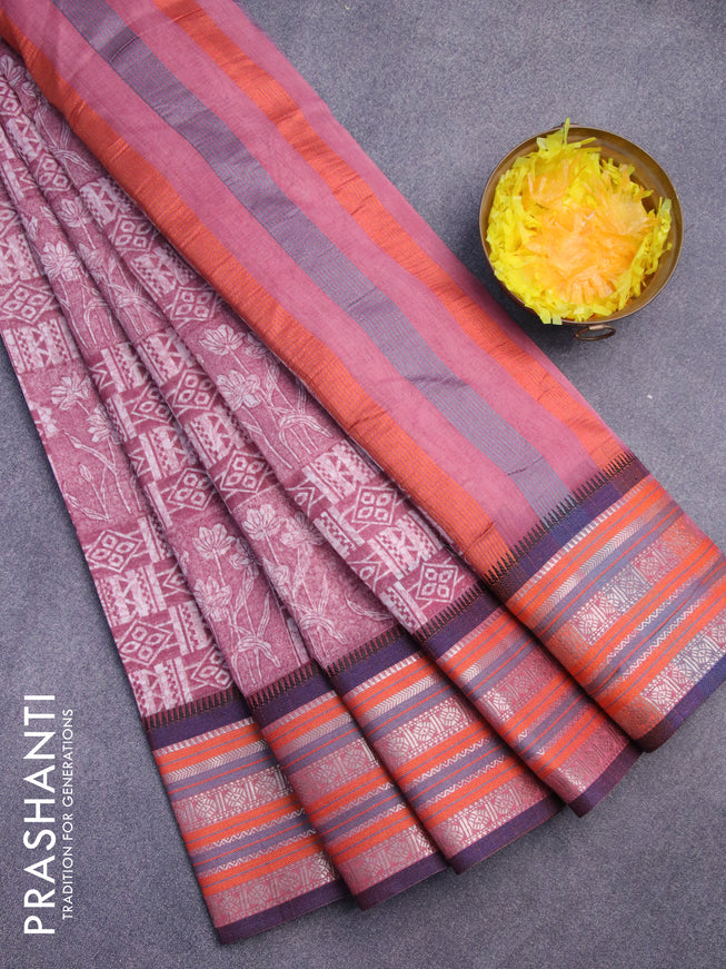 Maheshwari silk cotton saree pastel maroon shade with allover prints and thread & zari woven border