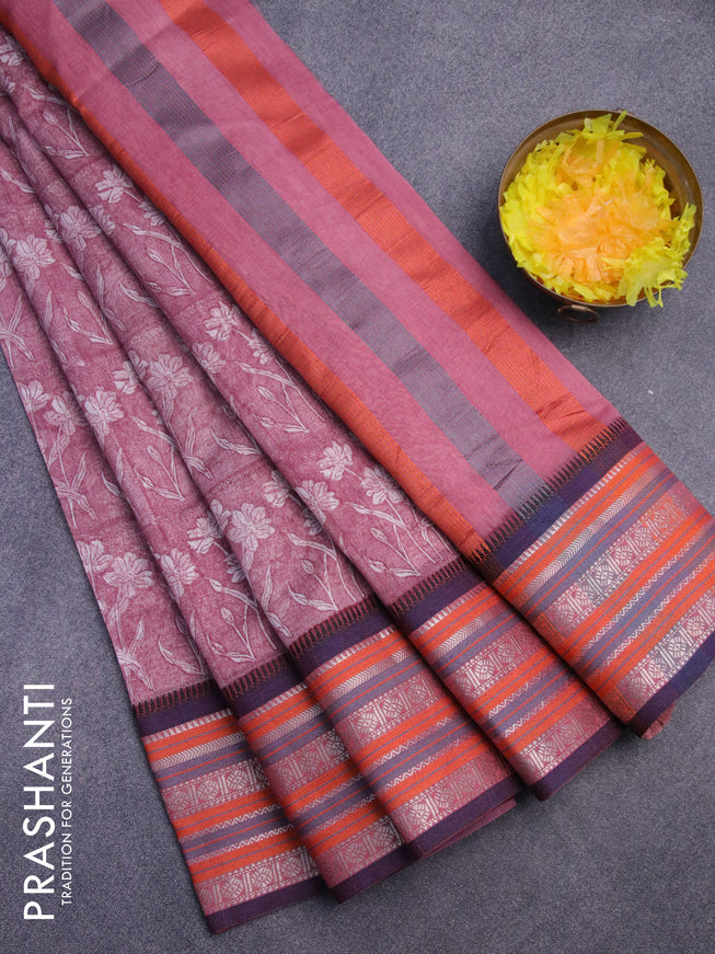 Maheshwari silk cotton saree maroon shade with allover floral prints and thread & zari woven border