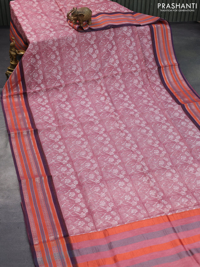 Maheshwari silk cotton saree maroon shade with allover floral prints and thread & zari woven border