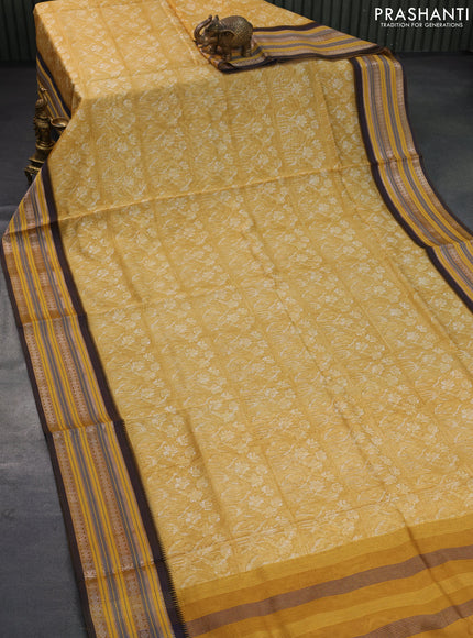 Maheshwari silk cotton saree mustard yellow and blue with allover floral prints and thread & zari woven border