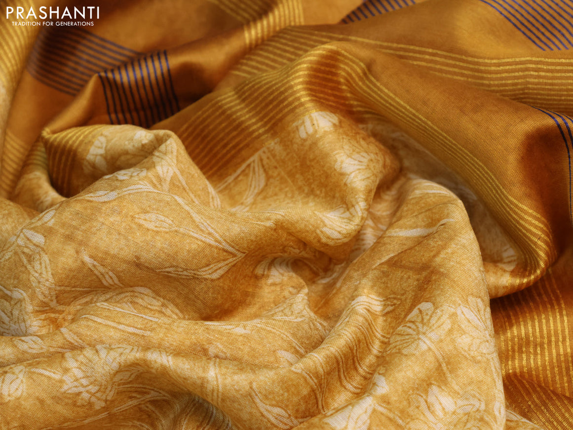 Maheshwari silk cotton saree mustard yellow and blue with allover floral prints and thread & zari woven border