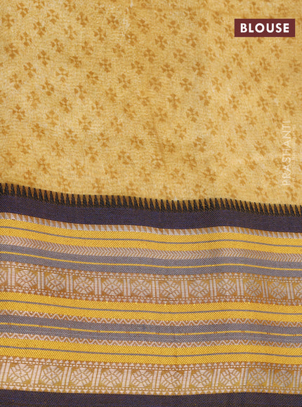 Maheshwari silk cotton saree mustard yellow and blue with allover floral prints and thread & zari woven border