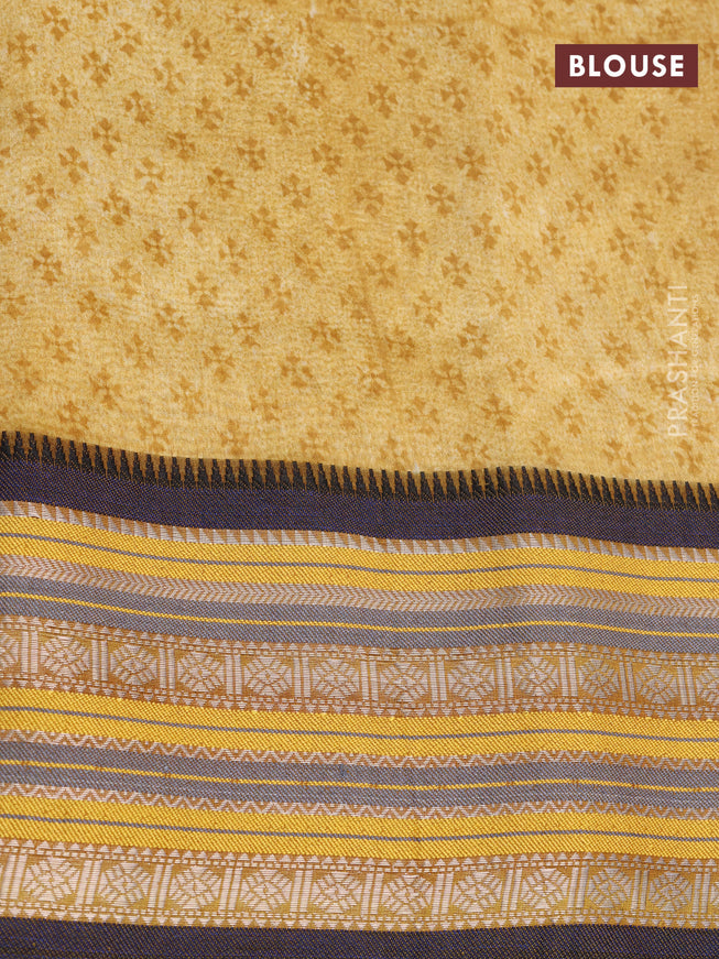 Maheshwari silk cotton saree mustard yellow and blue with allover floral prints and thread & zari woven border