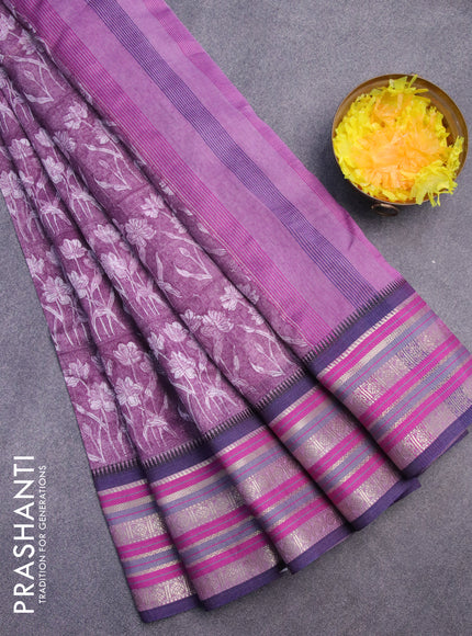 Maheshwari silk cotton saree wine shade and blue with allover floral prints and thread & zari woven border