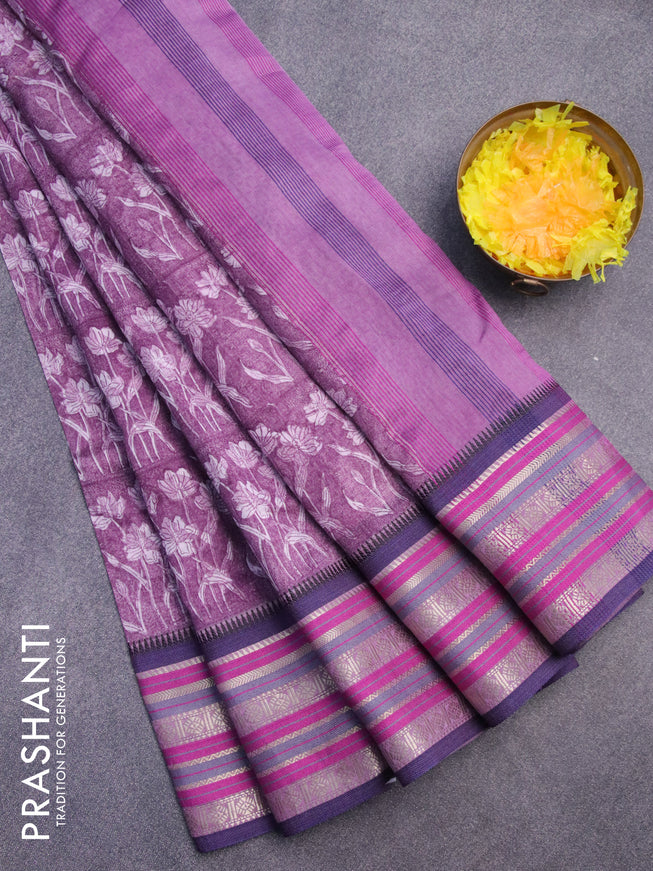 Maheshwari silk cotton saree wine shade and blue with allover floral prints and thread & zari woven border