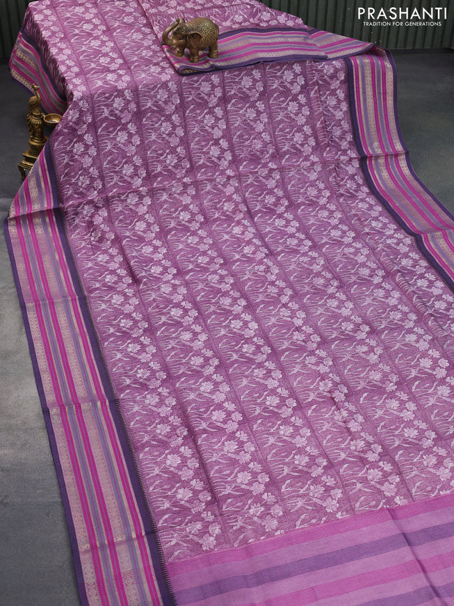 Maheshwari silk cotton saree wine shade and blue with allover floral prints and thread & zari woven border