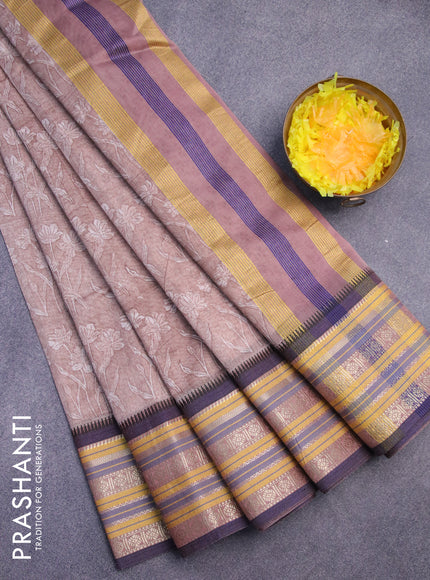 Maheshwari silk cotton saree brown shade and blue with allover floral prints and thread & zari woven border