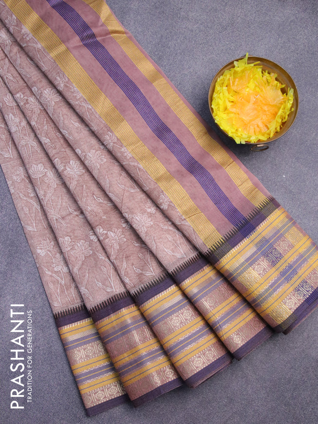 Maheshwari silk cotton saree brown shade and blue with allover floral prints and thread & zari woven border