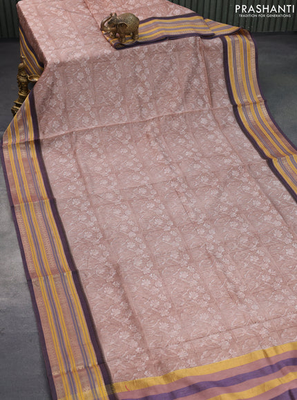 Maheshwari silk cotton saree brown shade and blue with allover floral prints and thread & zari woven border