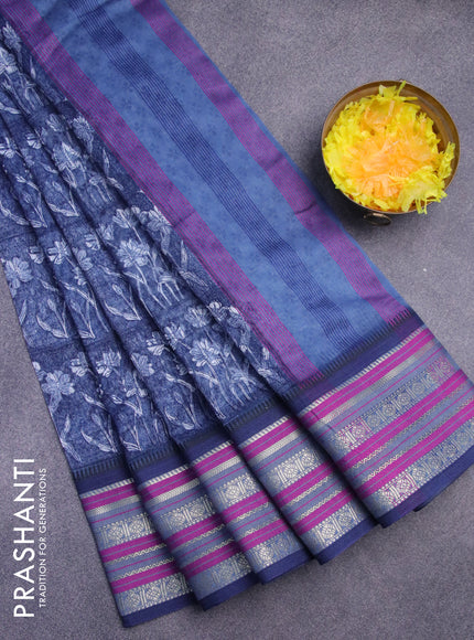 Maheshwari silk cotton saree dark blue with allover floral prints and thread & zari woven border