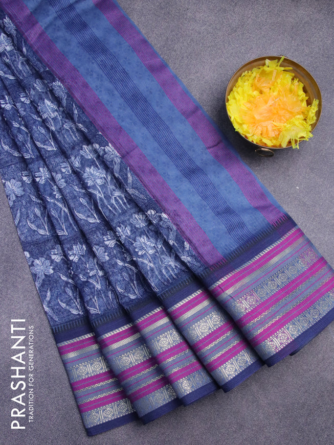 Maheshwari silk cotton saree dark blue with allover floral prints and thread & zari woven border