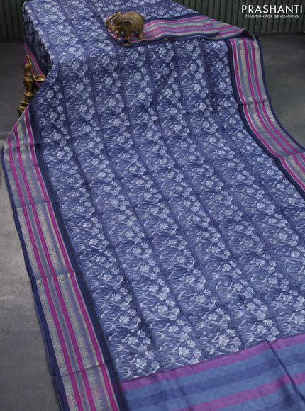 Maheshwari silk cotton saree dark blue with allover floral prints and thread & zari woven border