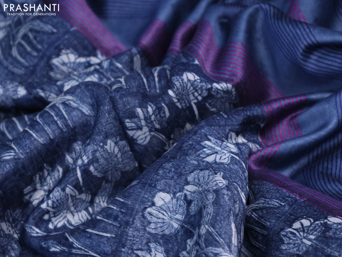 Maheshwari silk cotton saree dark blue with allover floral prints and thread & zari woven border