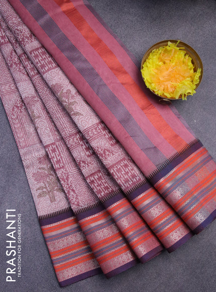 Maheshwari silk cotton saree maroon shade and orange with floral prints and thread & zari woven border