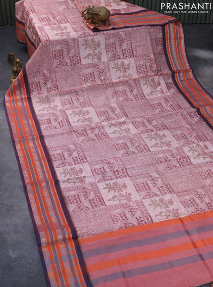 Maheshwari silk cotton saree maroon shade and orange with floral prints and thread & zari woven border