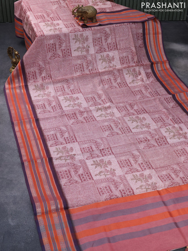 Maheshwari silk cotton saree maroon shade and orange with floral prints and thread & zari woven border