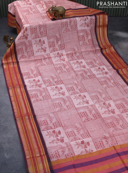 Maheshwari silk cotton saree maroon shade and mustard shade with floral prints and thread & zari woven border