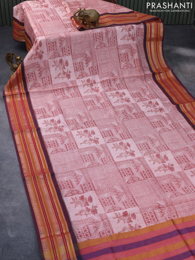 Maheshwari silk cotton saree maroon shade and mustard shade with floral prints and thread & zari woven border