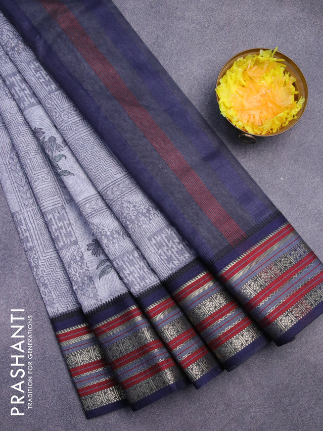 Maheshwari silk cotton saree elephant grey and maroon with floral prints and thread & zari woven border