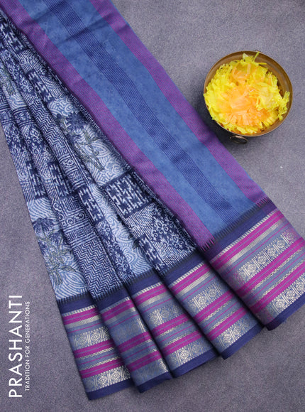 Maheshwari silk cotton saree dark blue and purple with floral prints and thread & zari woven border