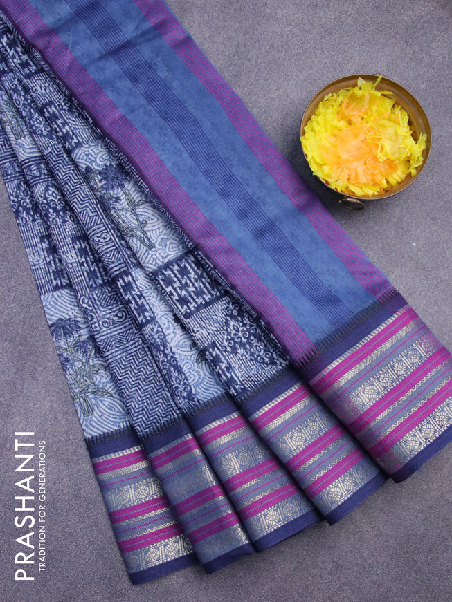 Maheshwari silk cotton saree dark blue and purple with floral prints and thread & zari woven border