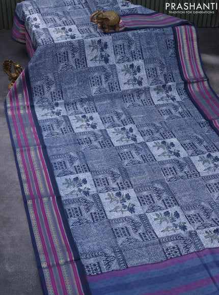 Maheshwari silk cotton saree dark blue and purple with floral prints and thread & zari woven border