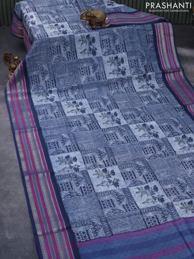 Maheshwari silk cotton saree dark blue and purple with floral prints and thread & zari woven border