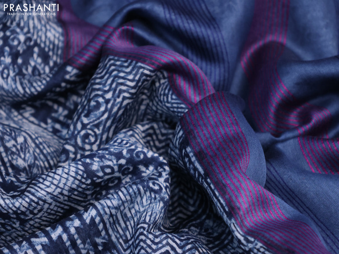 Maheshwari silk cotton saree dark blue and purple with floral prints and thread & zari woven border