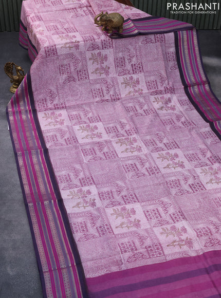 Maheshwari silk cotton saree purple shade and blue with floral prints and thread & zari woven border