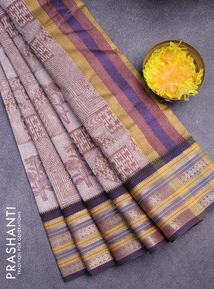 Maheshwari silk cotton saree brown and dark blue with floral prints and thread & zari woven border